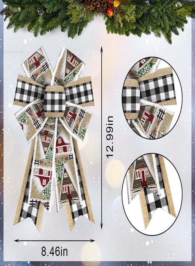 Threetols 2PCS Christmas Wreath Bows, White Black Buffalo Plaid Bows for Wreath Beige Farmhouse Bows for Front Door Winter House Bows Christmas Tree Bows for New Year Indoor Outdoor Xmas Decorations - Image 2